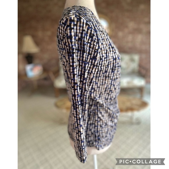 Evan Picone Top Blue Faux Wrap Long Sleeve XS Stretch Knit Dressy Tie Waist Geo - Picture 12 of 16